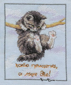 Этот милый котенок уехал жить в Москву :)
С надписью маленькая промашка вышла, надо было ярко-красными вышить. Перевожу: Хотю прищепку, а луше две!