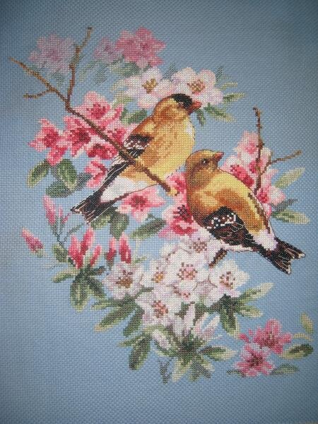 "Весенняя песня", вышивается на Аиде 14, 25 цветов, крестики в 2 нити, в одну нить, полукресты и бэк.
Пока без рамки - только вчера наконец закончила, хочется скорее похвастаться своей первой большой работкой =)))