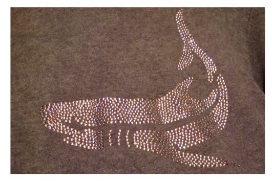 акула на моей кофточке, на неё ушло 700 штук страз, но смотрится она шикарно (здесь не так видно)