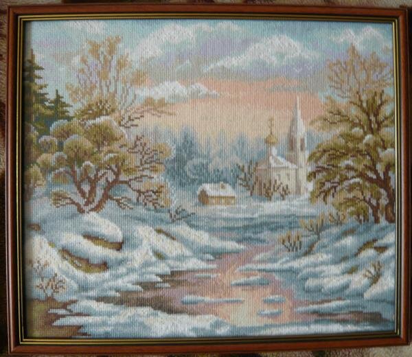 "Первые морозы"-"Золотое руно".Мне доставило огромное удовольствие вышивать этот зимний пейзаж.Спасибо дизайнеру Елене Круминой.
