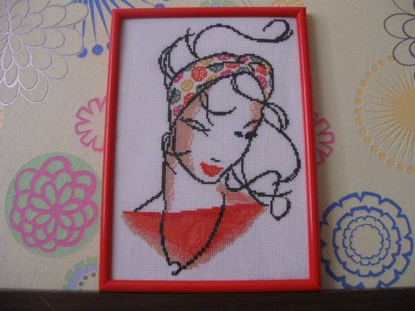 Девушка
Подарила подруге на день рождения . Это первый опыт контурной вышивки.