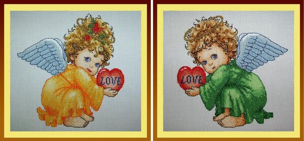 Ангелочки, вышитые в подарок подруге к юбилею.