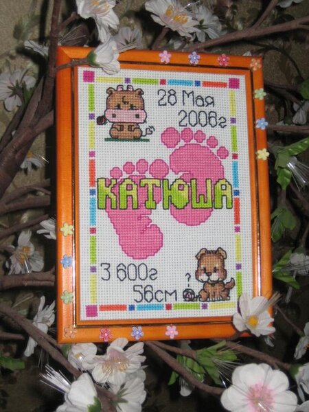 Метрика для племянницы. Она телец, родилась в год собаки. Схему слепила сама из нескольких. Оформить в простую рамочку показалось не интересным, поэтому немножко ее приукрасила.