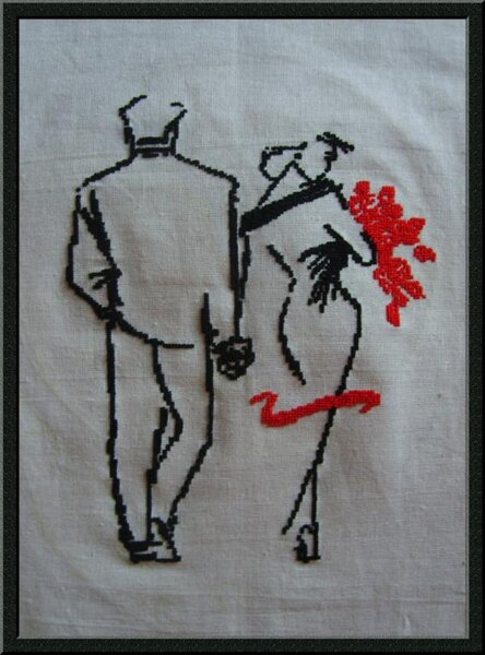 пара - мой первый (и, думаю, последний) опыт вышивки на ткани по счету ниток. никому не посоветую - глаза устают ужасно. заканчивала просто из упорства.