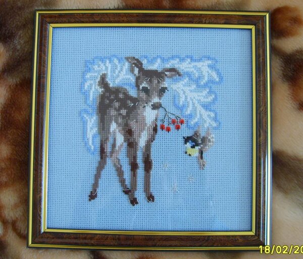 олень и синичка
начинаю потихоньку оформлять старые работы...