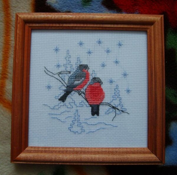 Снегири наконец-то дождались рамочки. К моему удивлению, вышивать эту простенькую картинку было сложно из-за кучи частичных крестиков.