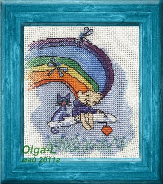 Радуга.
Работа на конкурс "Нашим детям".
Крест, полукрест, бисер. 12 цветов. Нитки ДМС, Гамма. Канва цвета слоновой кости 14 Аида. Размер 15 на 17см. Оформление пока виртуальное.
 По дизайну Антоновой Валерии (С).