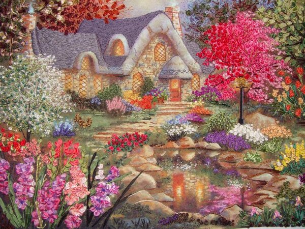 Сказочный домик.
Объёмная вышивка лентами