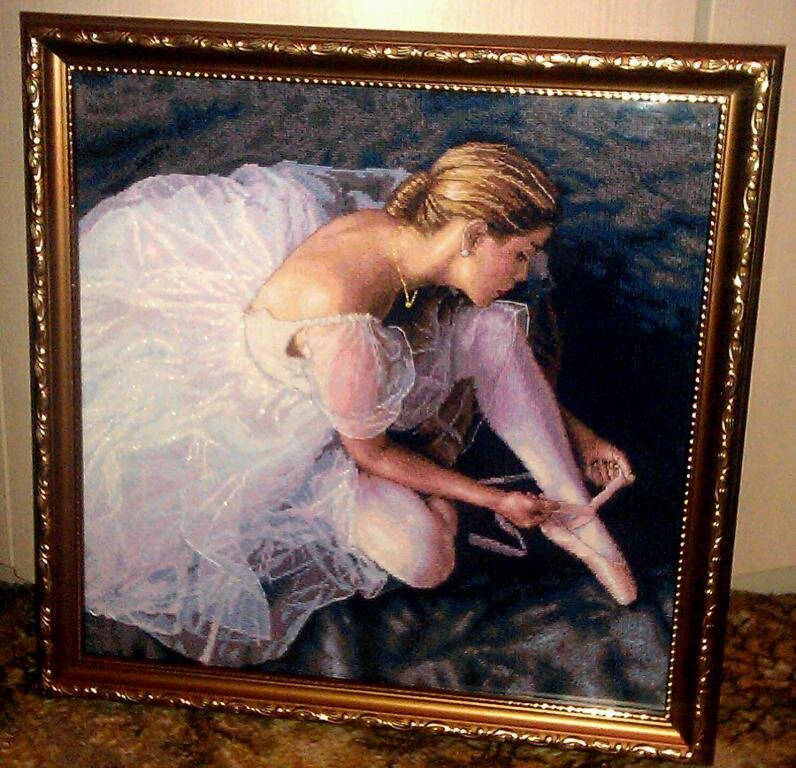 Прекрасная балерина. Дименшен. Моя первая сложная работа. Оч.понравилось работать с разными те.техниками. Вышивала 3.5 месяца.