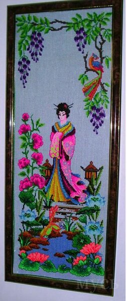 "Японка"1-первая вышивка ,вышита по схеме с интернета,нитки акрил,подбором 4105 10