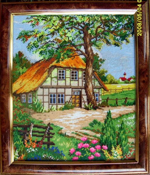 "Домик"-вышита по картинке из журнала,хорошо видны были крестики,нитки акрил,подбором 4105 3