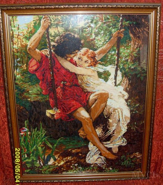 "На качелях-вышита по схеме купленной на базаре,нитки акрил,подбором 4105 5