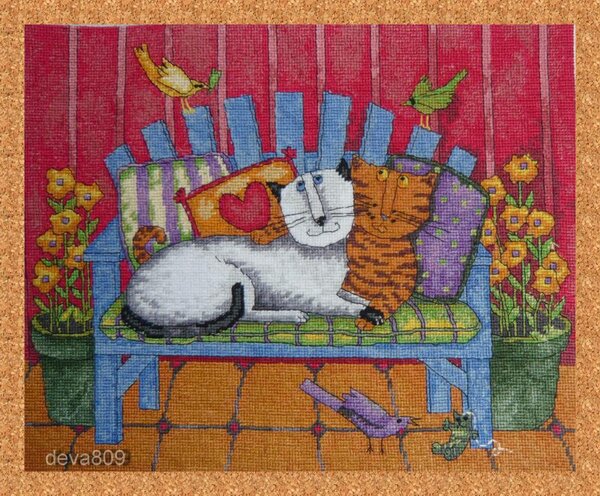 Dimensions-20056  Porch cats
"Коты на веранде2012г.-янв.-вышивала 2 месяца,подбором. 14 Аида,полукрест,  в полную пасму,бэкстич,фр. узелки в 4 нити.