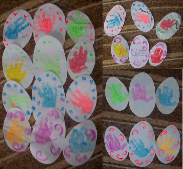 Первая рукоделка дочки - открытки с ладошками к Пасхе (1 год и 4 месяца)