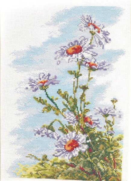 "Погадаю на ромашке..."
Автор Елена Звездина (журнал Вышитые картины № 5 (2011).
Подбор ниток Гамма на белой ткани.