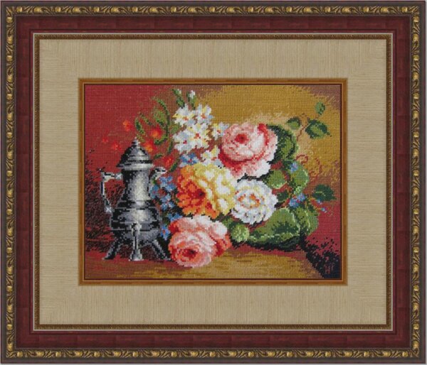 Старо голландский  натюрморт.Схема из интернета. Нитки ДМС. Ручку у чайника дорисовала сама.