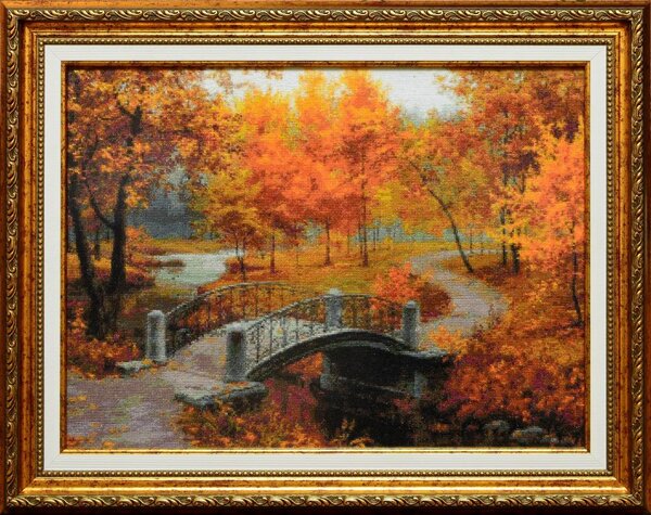 "Осень в парке" по мотивам картины Евгения Лушпина, размер 30*40, цветов 92, нитки DMC, Aida 18, полный крестик, схема разработана Александром Нахааевым из Смоленска