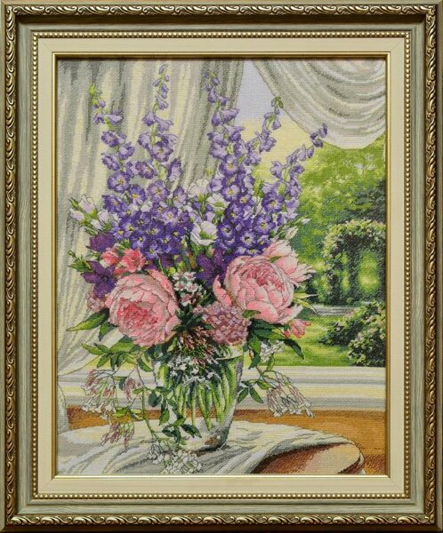 Пионы и дельфиниум, схема Dimensions, Aida 16