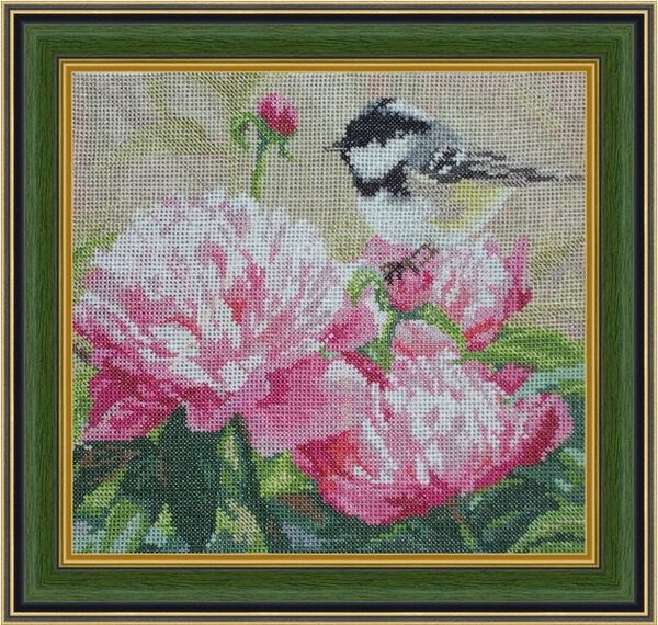 "Синичка и пионы" от Алиса.
Вышила подбором.
Оформление виртуальное.