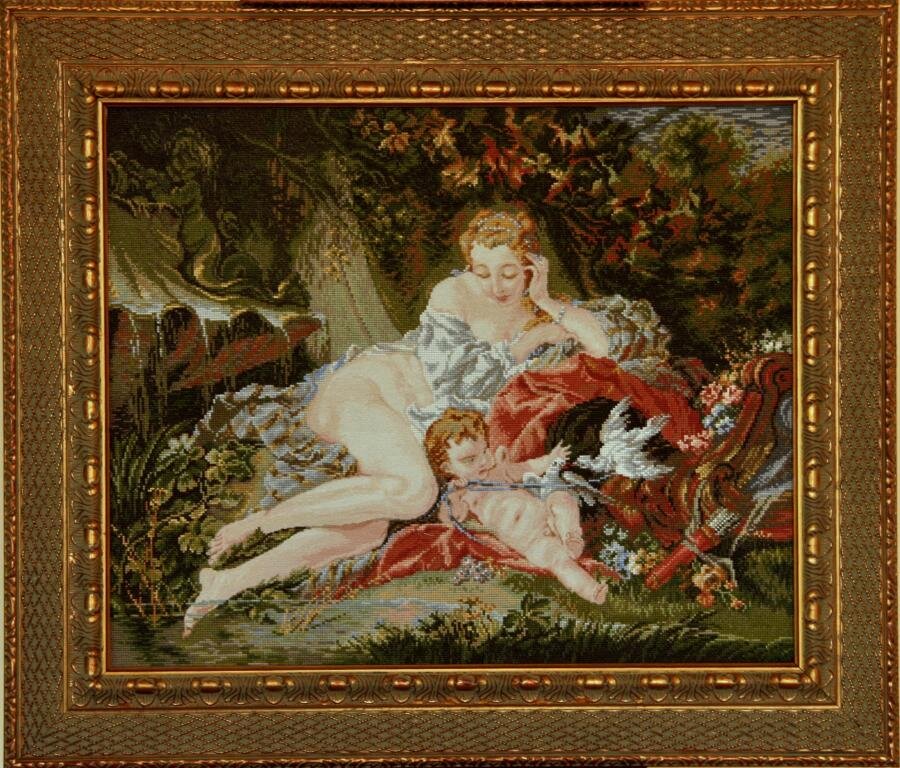 Venus and Love F.Boucher.

300*250
38 цветов - Anchor
Лён #25
Лица и тела - петит пойнт за каждую нитку (см. при увеличении)
Готовый размер: 590*480,
по раме: 775*665.