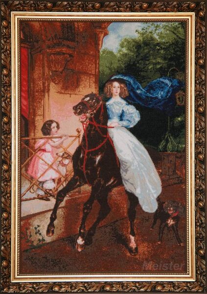 "Всадница" по К.Брюлов. 2009 год.
Полотно #28. Размер 270*400.
Мулине Anchor, DMC. Цветов 58.
Лица людей, морды животных - петит пойнт.
31 неделя.
Схема, кажется, Стоянки..