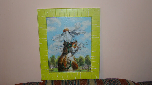 Частичная вышивка. Котик под ромашковым зонтиком.Новая Слобода.