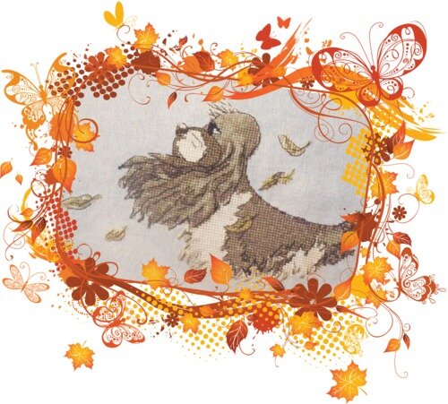 "Осенний пёс"(собственная разработка и отшив),150*103 крестика,32 цвета(4 бленда включительно),канва Bellana 20.