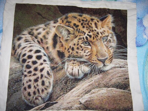 Лео. 
Размер: 300x277 крестов 
Марка нитей: DMC, 80 цветов
Схему создавала с помощью сайта.
Закончила отшив 1 сентября. Вышивала пол года)