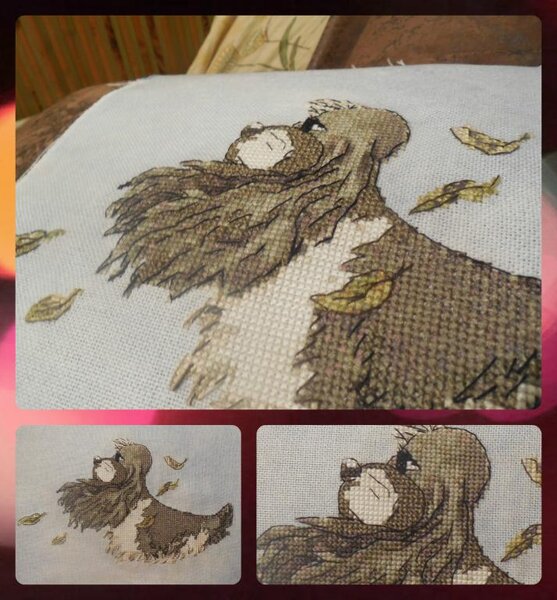 "Осенний пёс"(собственная разработка и отшив),150*103 крестика,32 цвета(4 бленда включительно),канва Bellana 20.