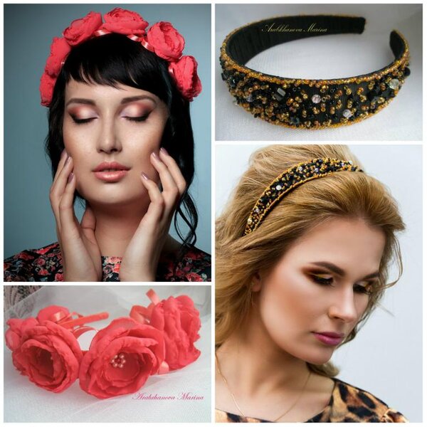 Венок выполнен из шифона, и обруч вышитый бисером и хрусталем.