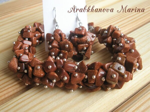 Украшения ручной работы( браслет и серьги) авантюрин " Золотой песок"