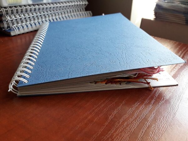 Живая карта цветов DMC. Обложка синяя картонная, пружинка белая металлическая. 20 стр.+ 2 страницы поисковика. Нарезка по 10 см в 6 сложений, 463 оттенка хлопкового однотонного мулине DMC артикула 117. Вид снизу. 400 грн.